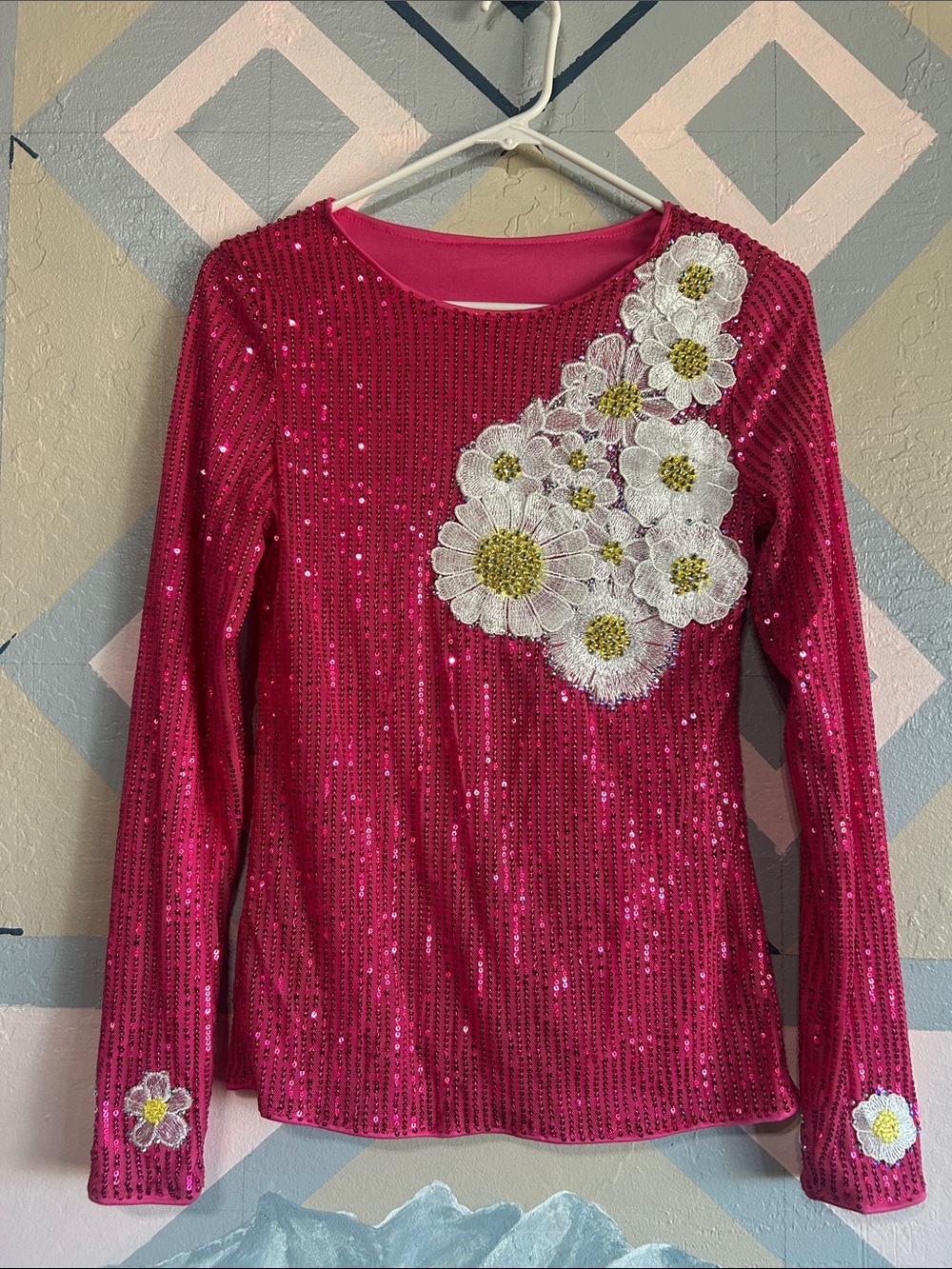 Hot Pink Sequin Floral Appliqué Long-Sleeve Top